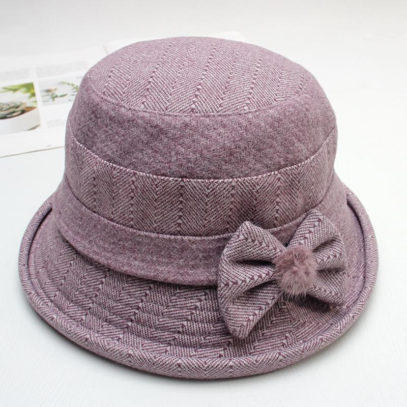 Middle-aged and Elderly Hat Lady Autumn and Winter Warm Woolen Bucket Hat Mother Grandma Old Lady Hat Bow Basin Hat