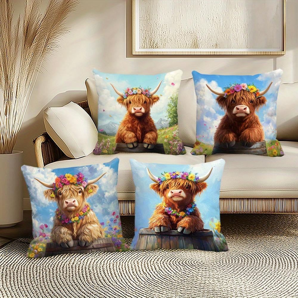 Highland Cow With Flower Crown Throw Pillow Covers, Floral Highland Cattle Print Cushion Cases, Whimsical Farmhouse Home Decor