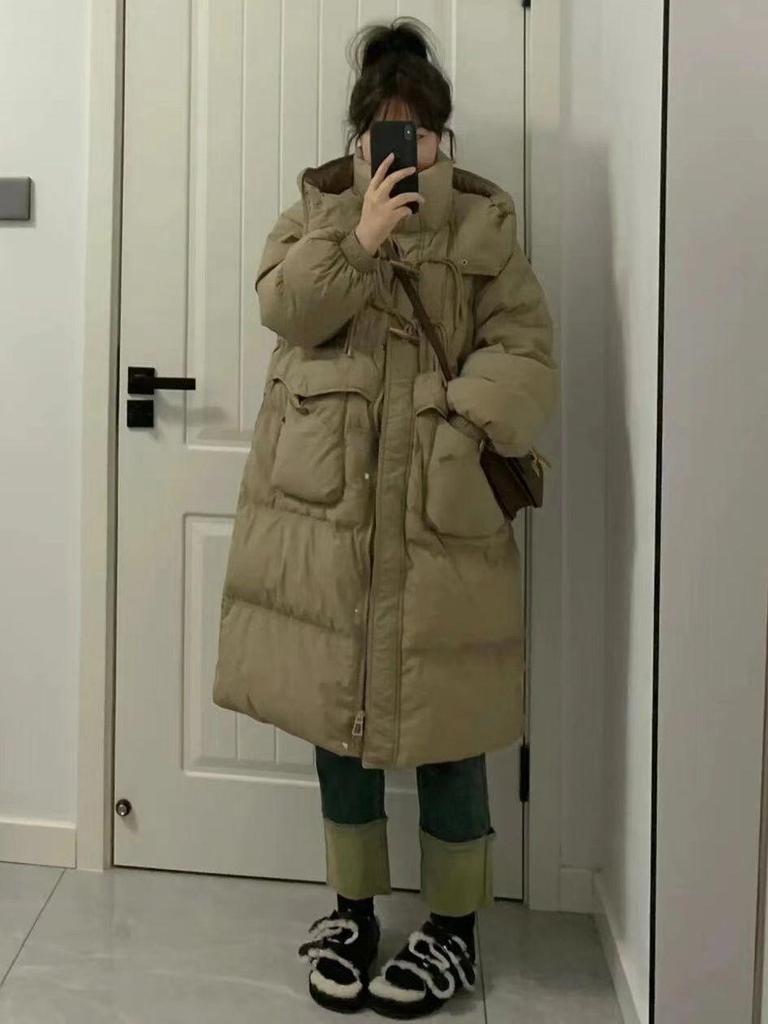 Damen Koreanischer Stil Kapuzen-Baumwollmantel lang, Übergröße, Taillenformend, Wintergefüttert, Über Knie-Länge