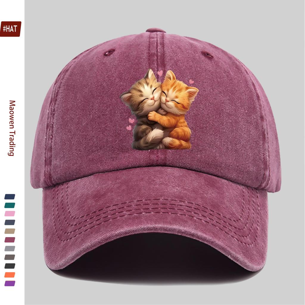 Pc Cute Hugging Kitten Print Baseball Cap with Heart Design Sun Hat Comfortable Lightweight Trucker Cap Adjustable Golf Hat A