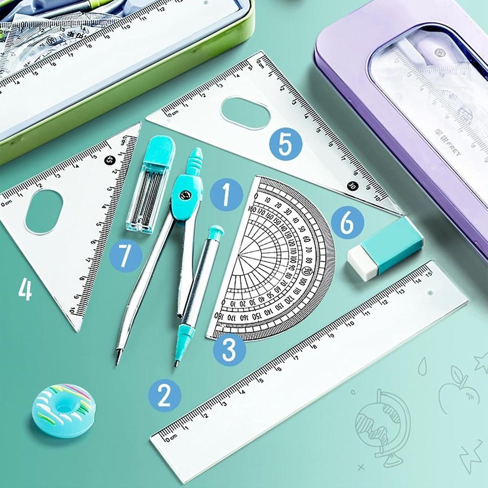 8PCS Eraser Protractor Plastic Triangle Ruler Portable Ruler Compasses Set  School Office