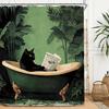 Funny Black Cat Shower Curtain Set Animal Hilarious Vintage Tropical Leaves Green Plant Polyester Waterproof Cloth Bathroom