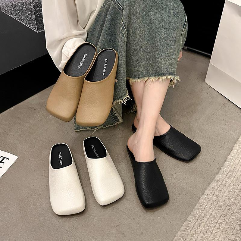 Baotou Half Slippers Lazy Black Korean Version Shoes Spring One Pedal New 2025 Retro Loafer Single Shoes Women