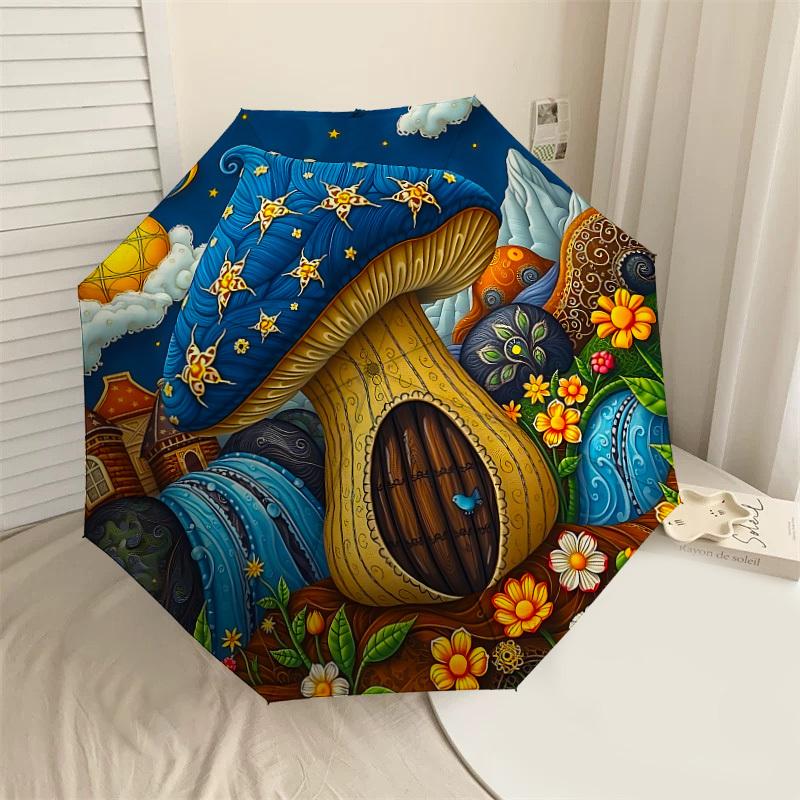 1PC Mushroom House Fantasy Umbrella-8-Rib Reinforced, Automatic Open, Lightweight & Durable, Cute Fashion Accessory for Outdoor-F2692