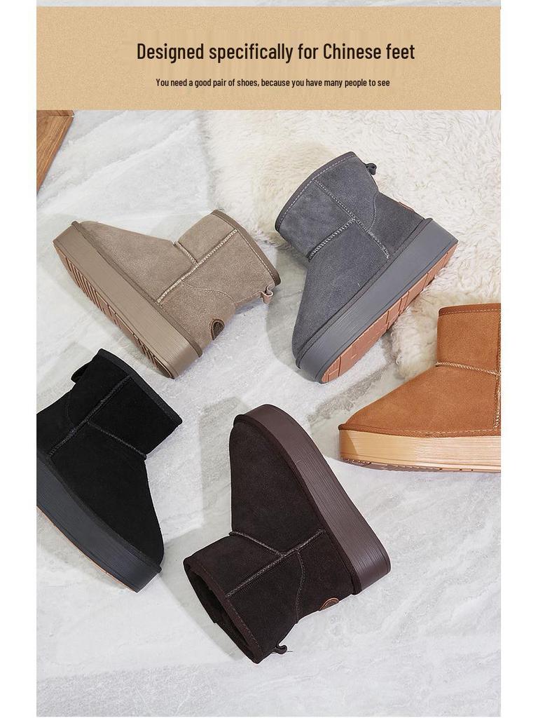 Women's Korean Style Thick Sole Hidden Heel Snow Boots: Genuine Leather, Fleece-Lined, Warm Ankle Boot for Versatile Winter Wear.