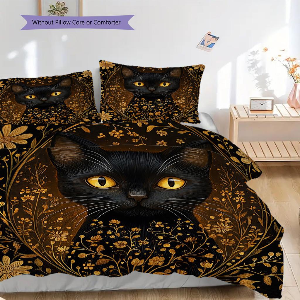 Black Cat Pattern Bedding Quilt Set Quilt Cover Pillowcase Home Decoration Birthday Gift (1 * Duvet Cover + 2 * Pillowcase, Without Core)