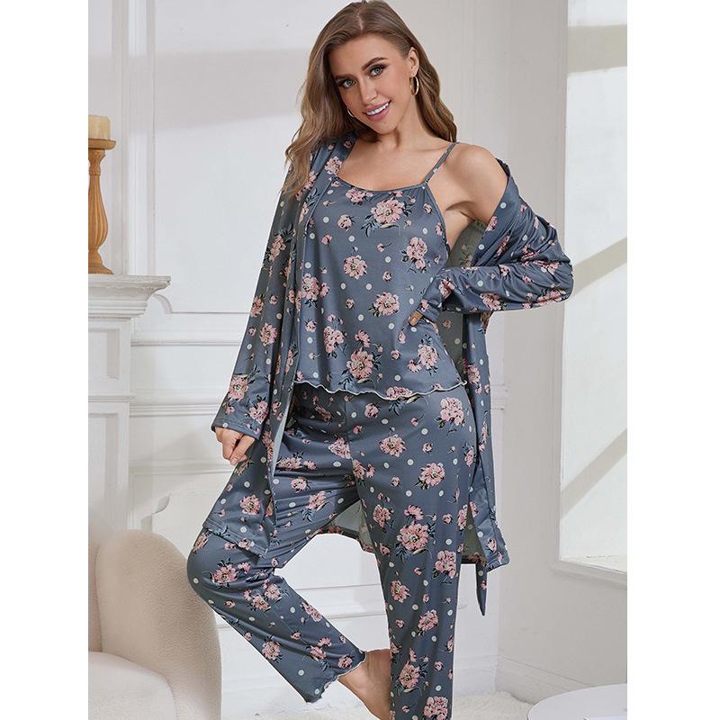 Three-Piece Pajama Set: Robe, Long Pants & Camisole In European & American Sizes