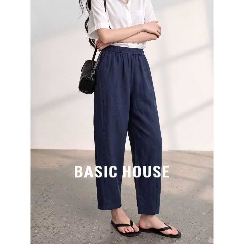 Basic House Women s 100% Linen Cropped Wide-Leg Pants L