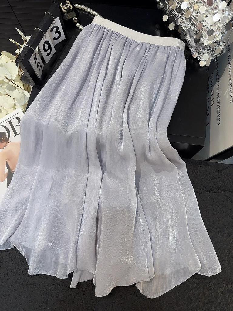 Elegant High-Waisted Chiffon A-Line Skirt - Slimming, Flowing, and Lightweight Summer Mesh.