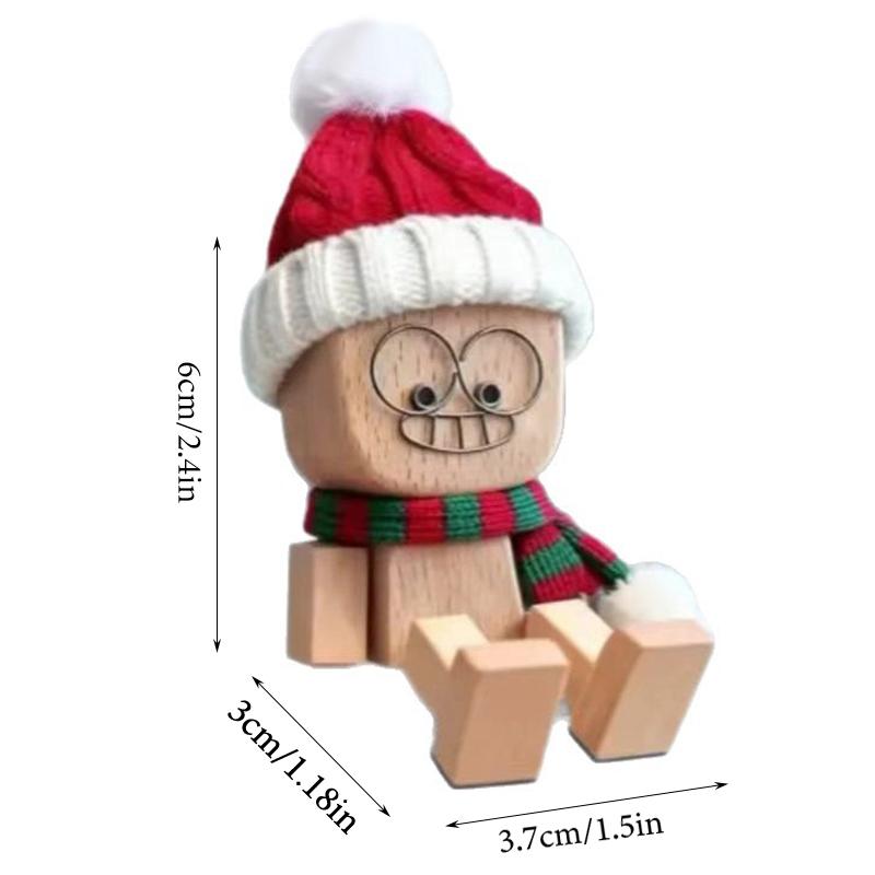 Christmas Shaking Wooden Man, Shaking Wooden Man Figurine With 12PCS Magnetic Expressions, Charming Little Wood Figure