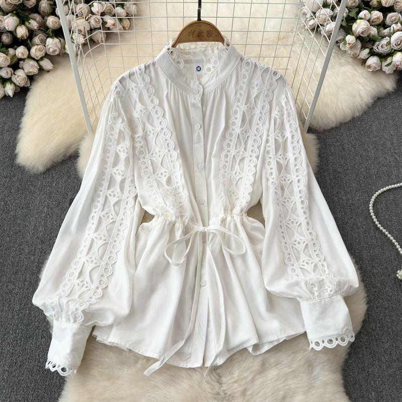 

Fancy Shoelace Waist-Tight Cut Out Crocheted Socialite Shirt White One size
