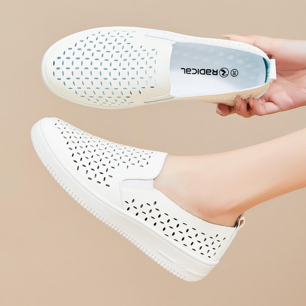 Summer Cutout Walking Shoes for Women Platform Slip On PU Leather Loafers Dress Shoes Hollow Breathable Sneakers Women's Casual Office Work Sneakers