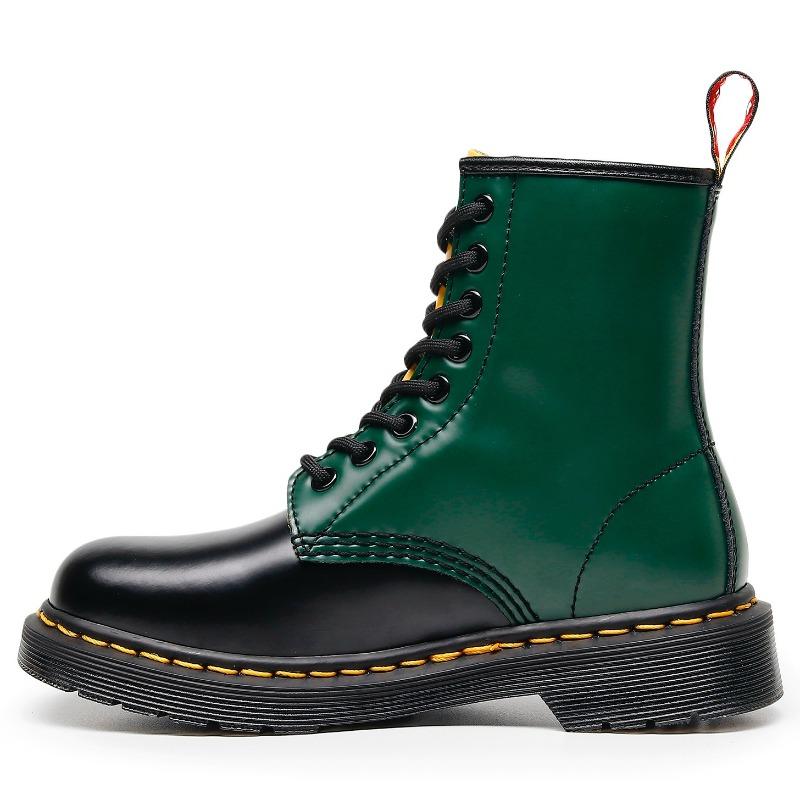 

High-top tooling boots women s green and yellow splicing hard leather open-edged bead short boots smooth leather boots round head locomotive shoes 35