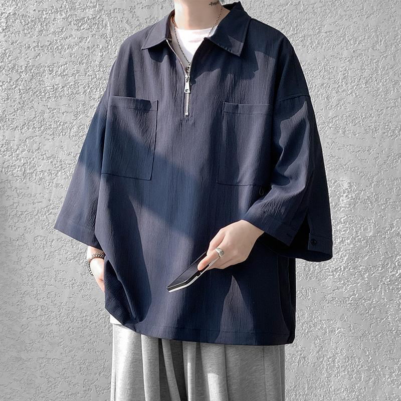 

Базовые футболки-поло на молнии с воротником-поло, летняя повседневная одежда с рукавом 3/4, мужская одежда однотонная, в корейском стиле, с карманами, комбинированные рубашки-поло XXXL темно-синий