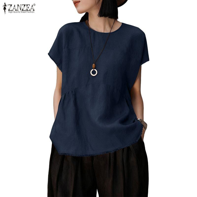 ZANZEA T-shirts Femininas Casuais de Verão de Manga Curta e Cor Sólida com Decote Redondo