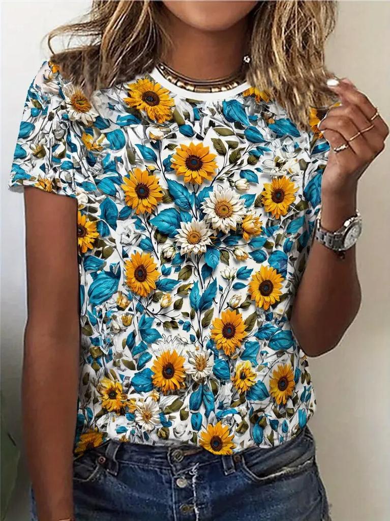 Women's T Shirt Casual Short Sleeve Flower 3d Print T-Shirt Summer Fashion Street Loose O-Neck Pullover Female Clothing