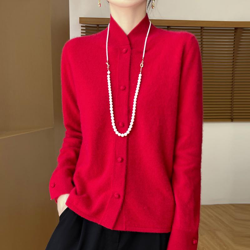 2024 Women's Stand Collar Wool Knit Qipao Cardigan - Casual Versatile Solid Color Sweater for Autumn/Winter