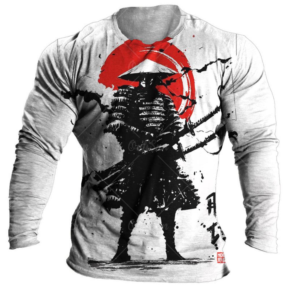 Japanisches Samurai-T-Shirt aus Baumwolle mit 3D-Aufdruck im japanischen Stil, langärmelige Oberteile, lässiges Herren-T-Shirt, übergroße Vintage-Herrenbekleidung