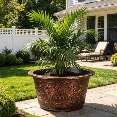 Flower Pot Thickened Resin Decorative Planter with Drainage Holes Large Capacity Bronze Embossed Outdoor Garden Flower Pot