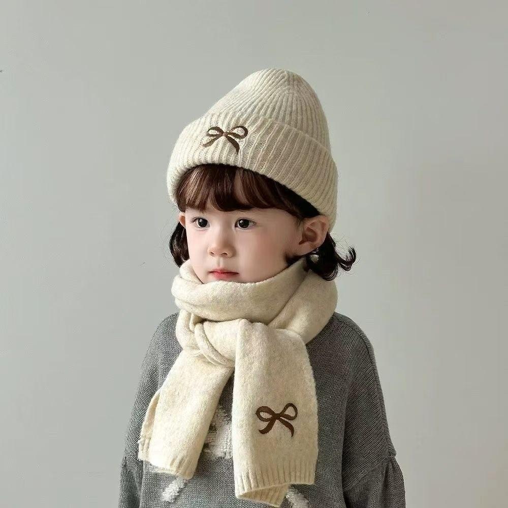 Warm Scarf Hat Set Bow Embroidery Neck Warmer New Pullover Cap  For 2-8Y