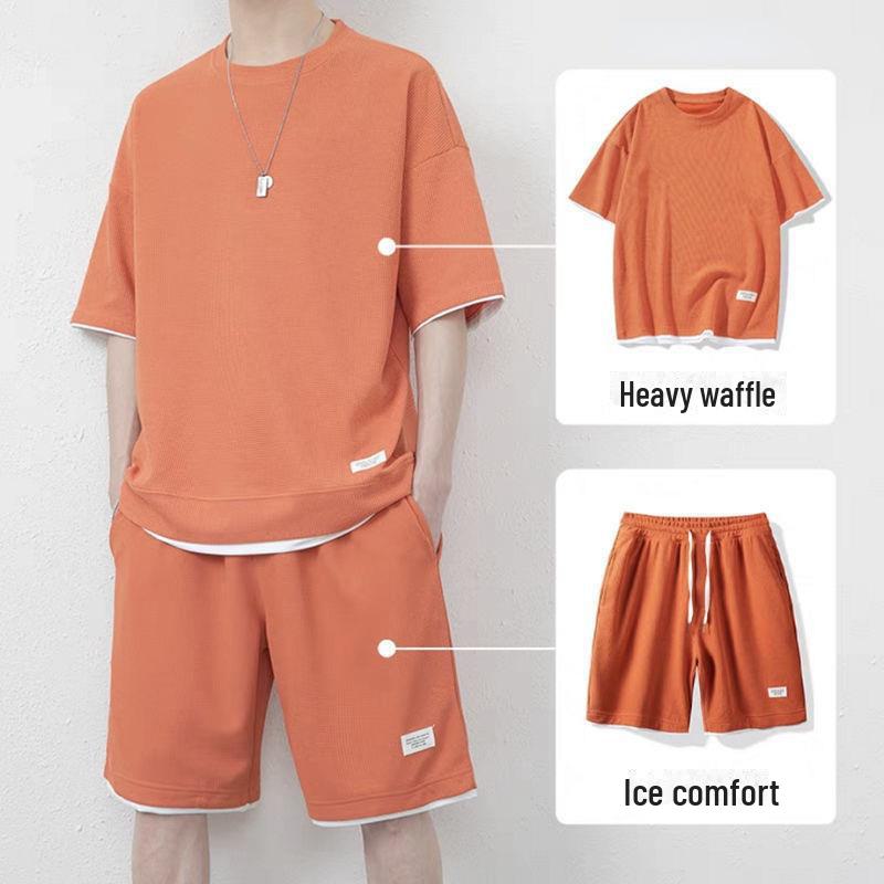 Hong Kong Style Men's Large Ice Silk Waffle Sports Leisure Set - Short-Sleeve T-Shirt & Shorts