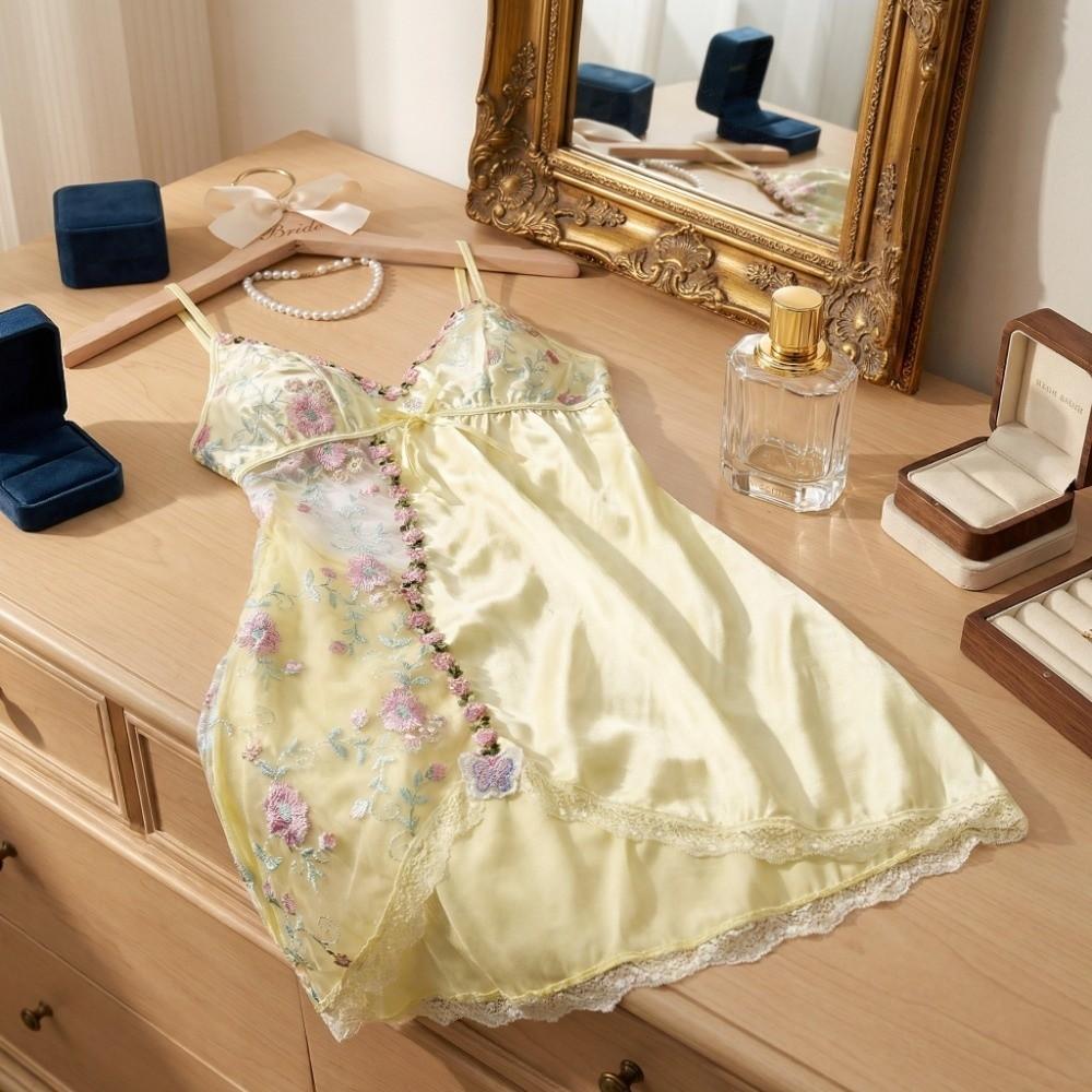 Embroidered Women's Pajama Dress Thin Lace Bow Slim Sling Nightgown  Female