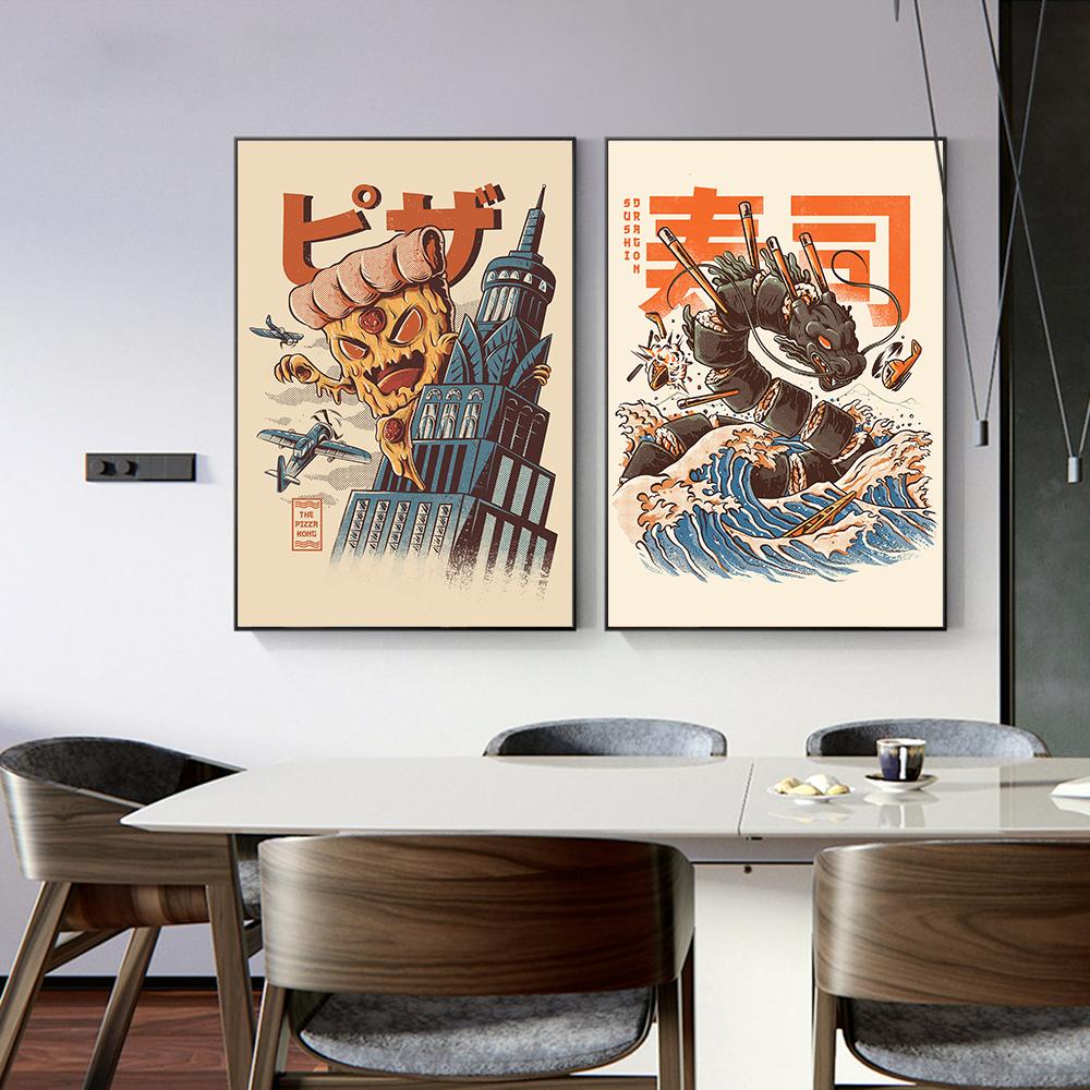 Japanisches Essen Nudeln Cartoon Malerei Druck Wandkunst Leinwand Poster Abstraktes Bild für Küche Esszimmer Heimdeko Cuadros