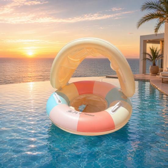 Baby Pool Float with Canopy Vintage Striped Inflatable Swim Ring with Safety Seat