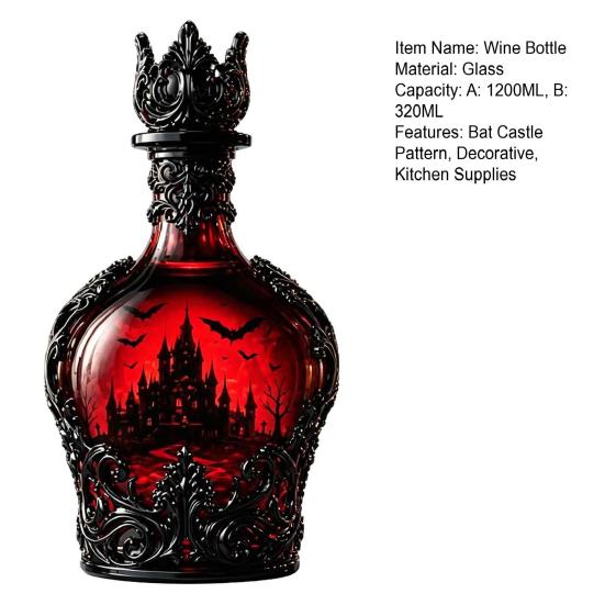Glass Wine Cup 1200ML Halloween Bat Castle Whiskey Bottle, 320ML Vintage Gothic Theme Bottle Cup, Decorative Liquor Decanter Flask for Home