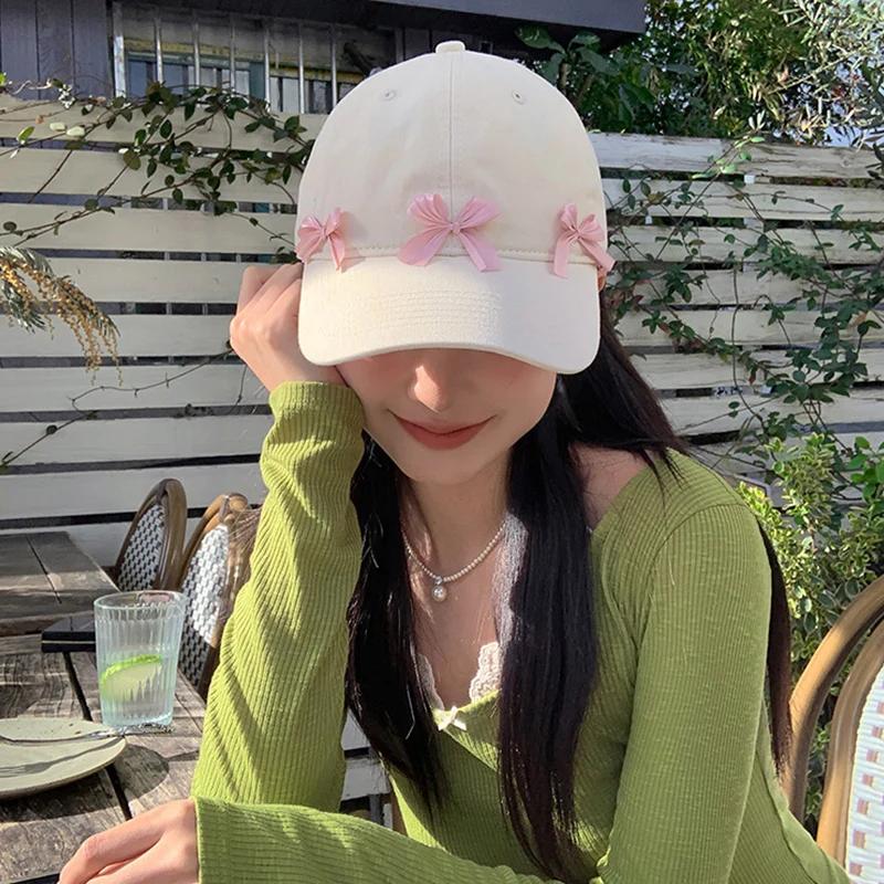 Sweet Korean Pink Bow Baseball Cap For Lady Girl Soft Cotton Adjustable Peaked Hat Outdoor Wide Brim Sun Protection Visors Hats