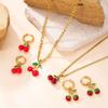 Stainless Steel Necklace Drip Red Oil Cherry Earrings Cute Sweet Plated 18k Gold Titanium Steel Jewelry Set
