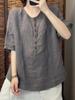 Johnature Women Vintage Solid Color T-Shirts O-Neck Half Sleeve Button Loose Summer Casual T-Shirts