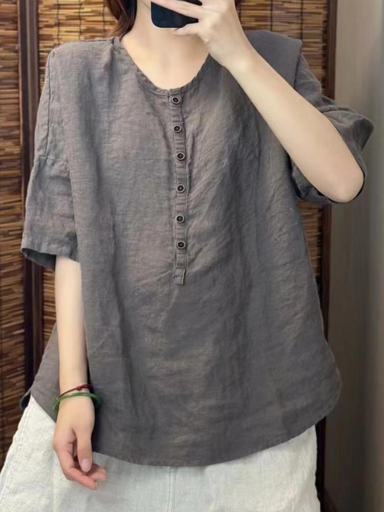 Johnature Women Vintage Solid Color T-Shirts O-Neck Half Sleeve Button Loose Summer Casual T-Shirts