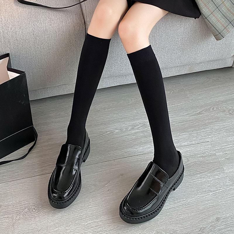 Women Stockings College Style Knitted Cotton Knee Socks JK School Girls Solid Color Black White Gray Long Socks Stockings Women