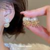 18k Gold Plated Zircon & Imitation Pearl Flower Stud Earrings - Elegant Silver Needle Design for Women