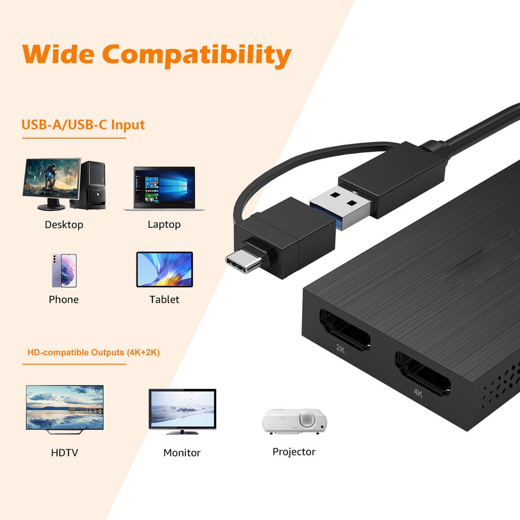 WAVLINK USB to Dual HDMI Compatible Converter 2K 4K 60Hz Type C to HDMI Compatible Splitter for Dual Monitors
