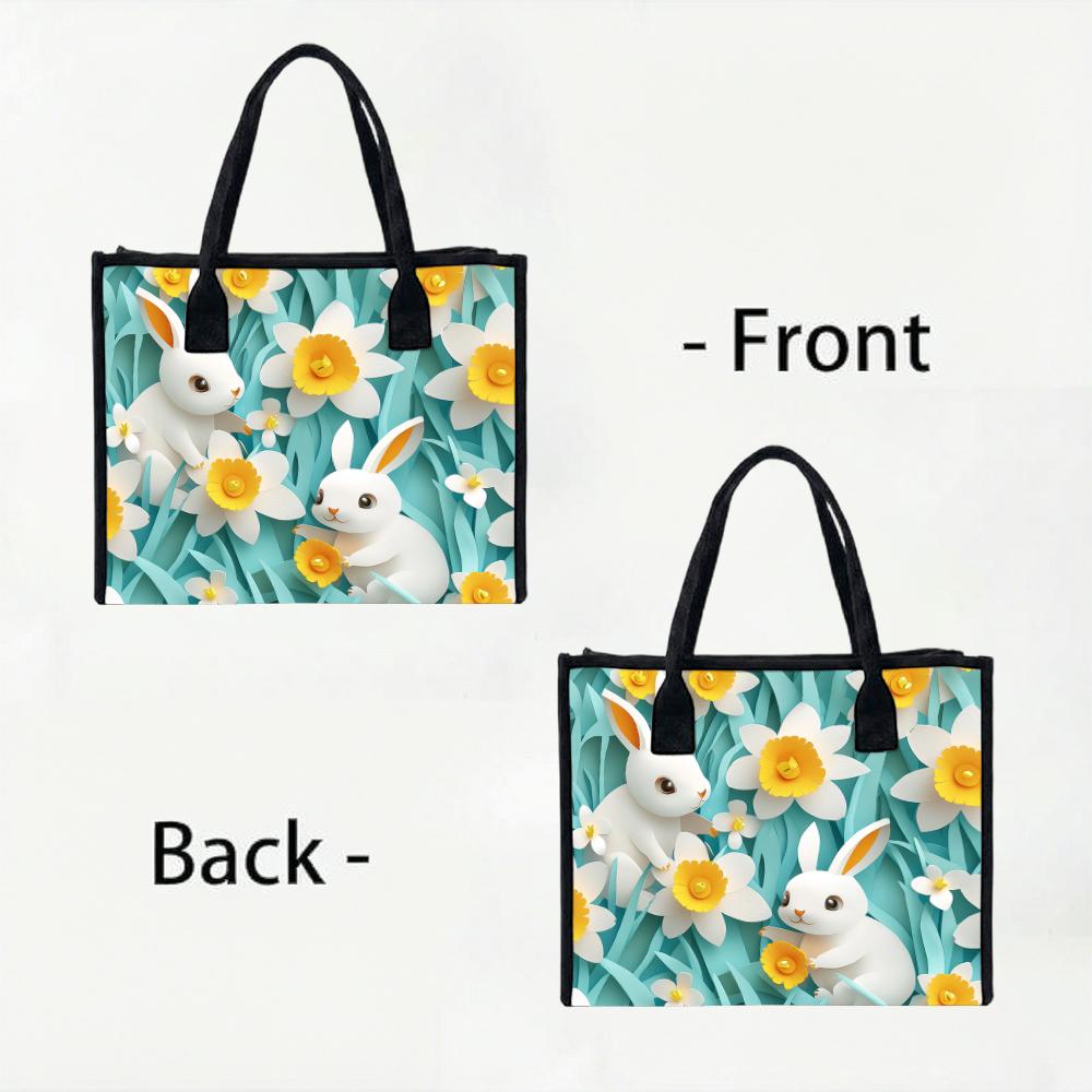 Cute Rabbit Floral Print Casual Tote Bag for Daily Outdoor Shopping Use
