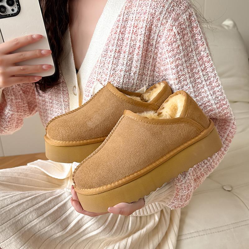 Australian Platform Sheepskin and Wool Integrated Snow Boots Women's Low-top Short Slacker One-foot Slippers Bread Shoes Pure Wool Cotton Shoes