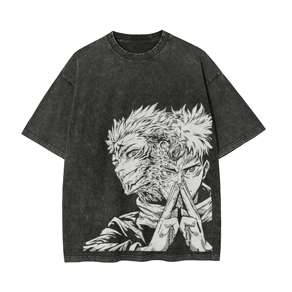 

Itadori Sukuna Dual Face T-shirt Jujutsu Kaisen Tee Vintage Washed Oversized Retro Anime Harajuku Streetwear Manga Mens Clothing M