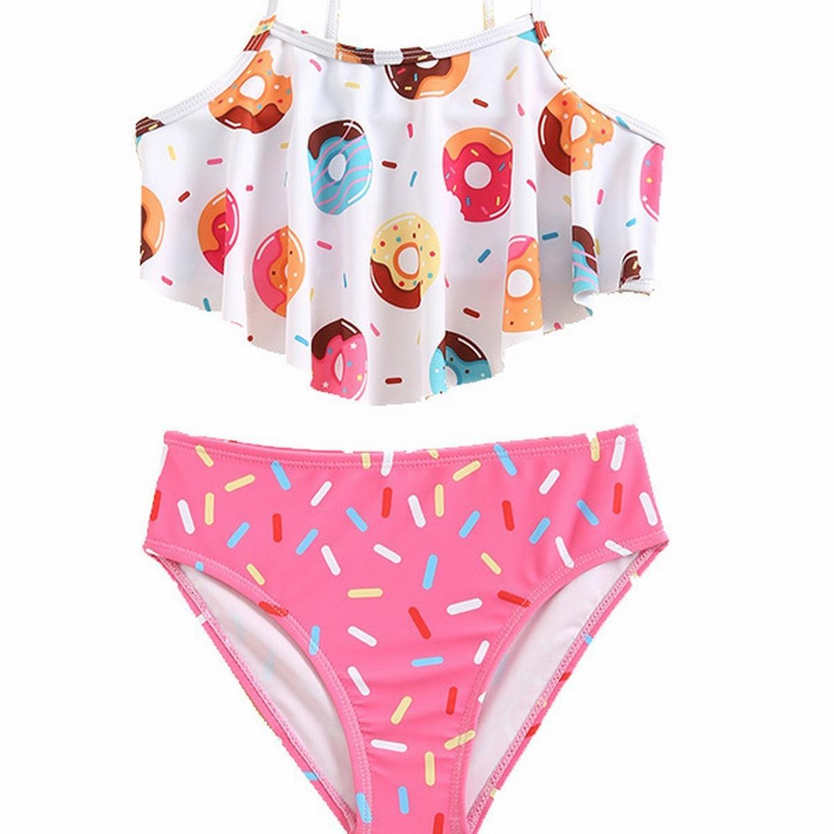 

Girls Donut Print Ruffle Bikini Swimsuit - Two-Piece High-Waisted Size 6