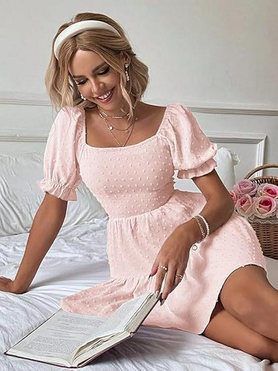 

European Summer 2026 Women s Casual Dress, Flowy Hem, Short Sleeves, Pleated, Cinched Waist, Tie-Up. Medium блідо-рожевого кольору