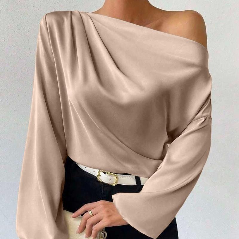 Móda Nové Asymetrické Volné Svetry a Topy s Dlouhým Rukávem Dámské Elegantní Šikmý Límec Sexy Jednobarevné Ležérní Halenky Dámské Plisované Vintage Košile 26396