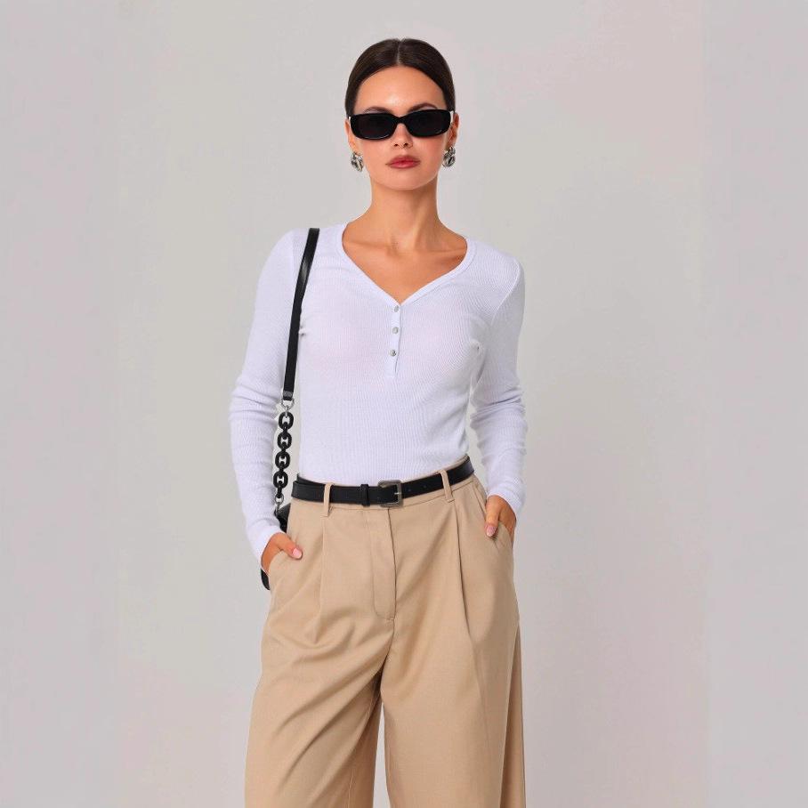 Women Army Green Ribbed Knit V Neck Button Detail Long Sleeve Fitted Top S