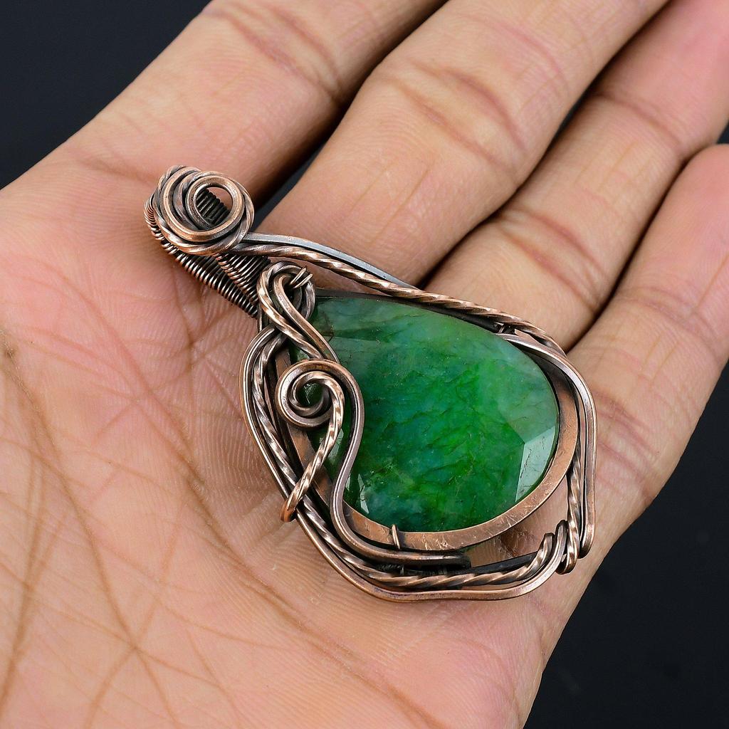 Emerald Pendant, 999 Copper Wire Wrapped Pendant Gemstone Jewelry, Handmade Pendant Amazing Jewelry, Gift For Her