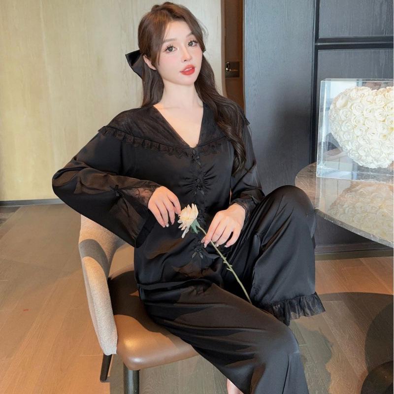 2025 Satin French Pajamas: Women's Ice Silk Long Sleeve & Pants Sweet Style Homewear Set