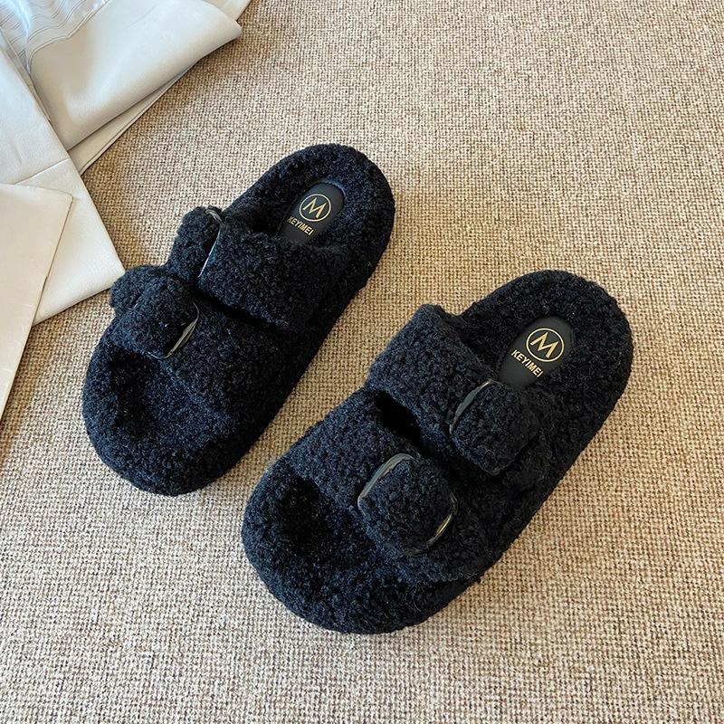 

6078 Lamb wool slippers women s outer wear ins tide 2025 autumn and winter thick bottom height increase one-word cotton slippers women 40 чорний
