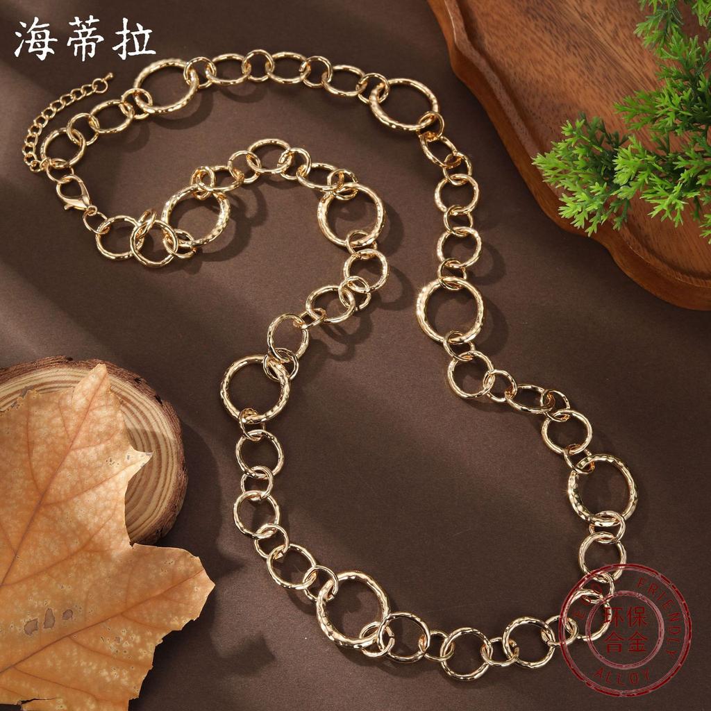 New Hollow Geometric Ring Long Necklace, Women's Exaggerated Bohemian Irregular Ring Necklace
