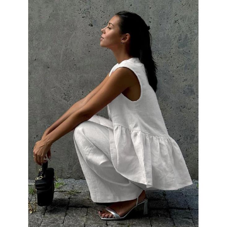 Summer Chic Women'S Set Solid Color Cotton Linen Two Piece Set Fashion Ruffles Sleeveless Tank Top With Wide Pants Outfit Female