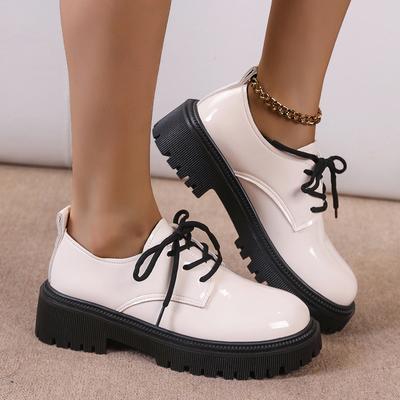 Modische Schnür-Plateau-Oxfordschuhe für Damen Preppy-Stil Lackschuhe Frau Einfarbig Schuluniform Loafer