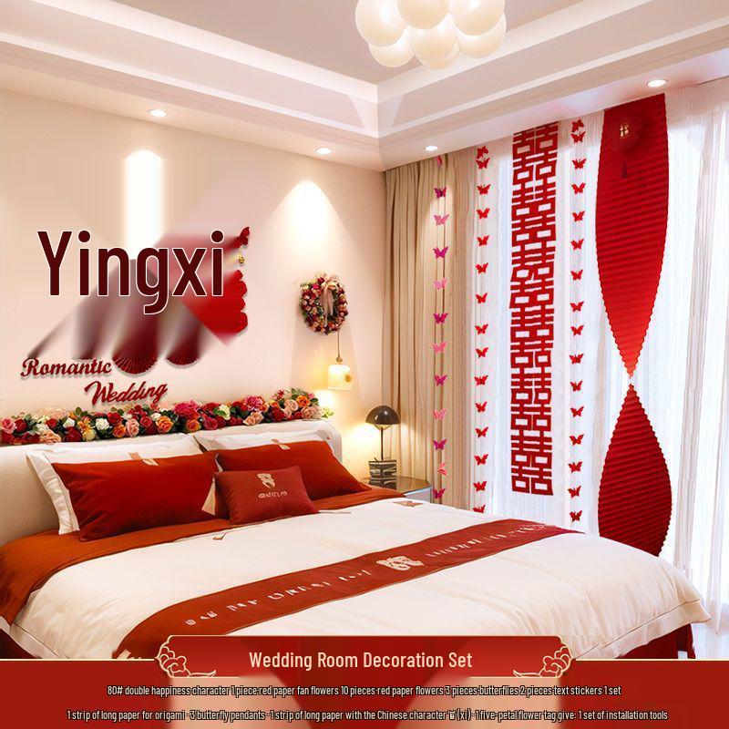 Wedding Room Decor: Double Happiness Banner for Bedroom Headboard & Curtains.